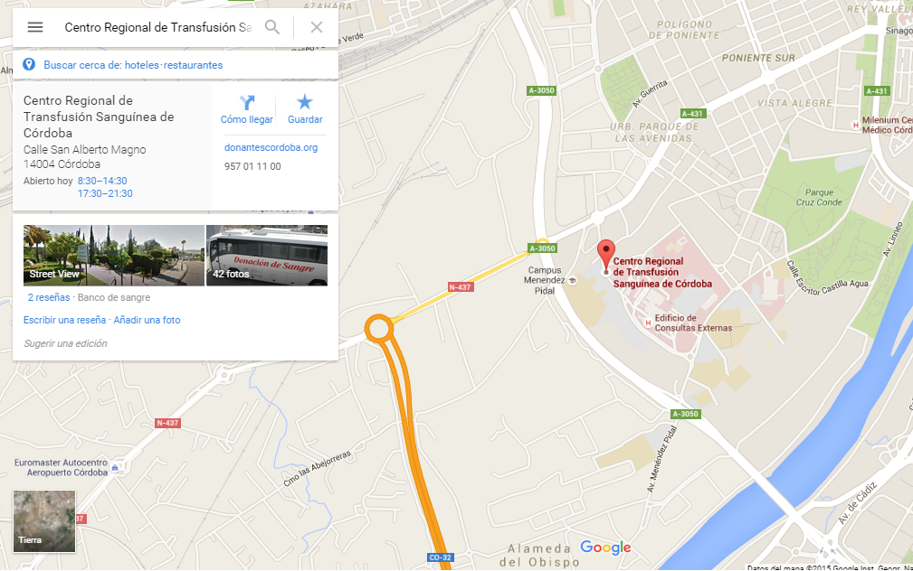 Localización Centro Transfusión Sanguínea de Córdoba